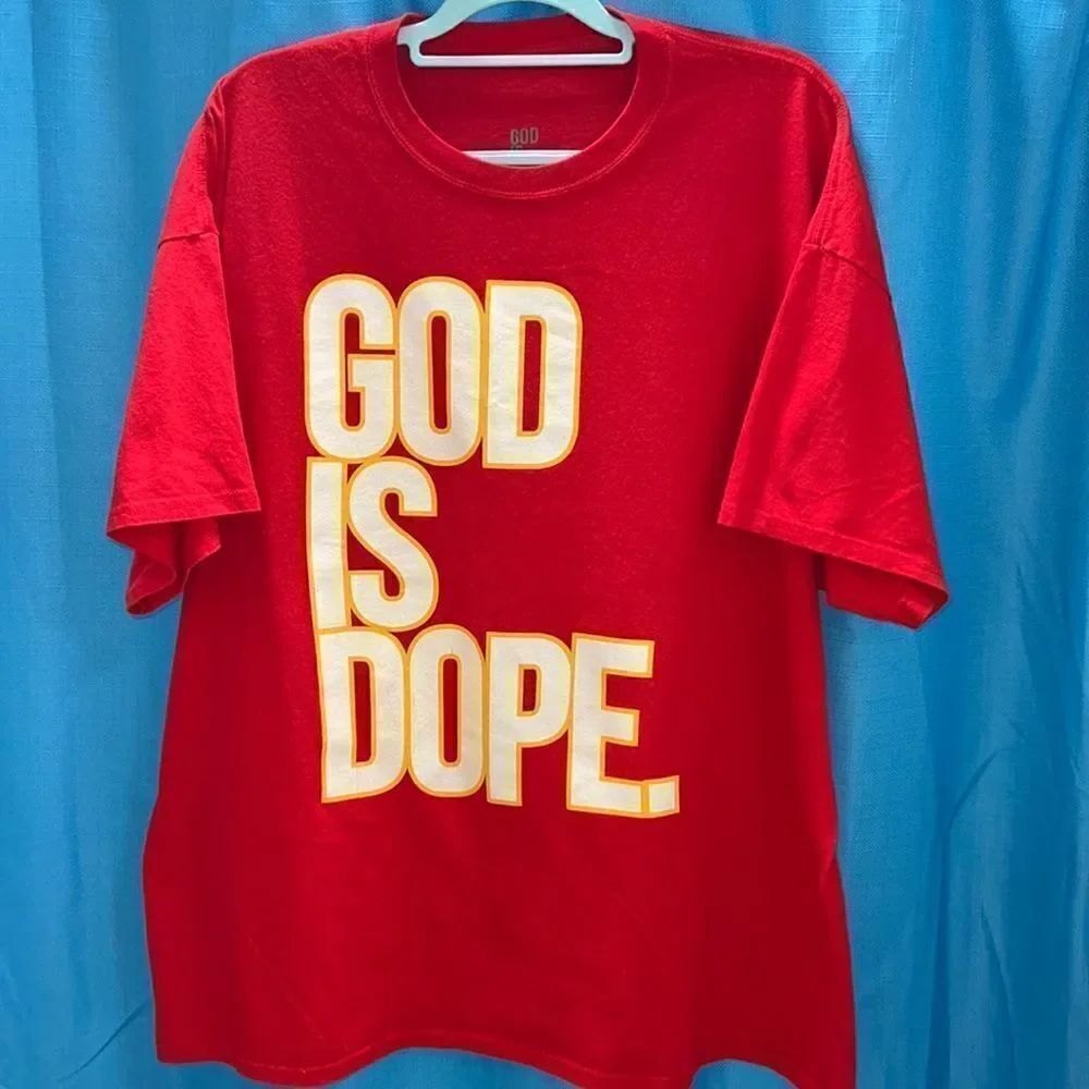 God Is Dope printed T shirt yellow red white